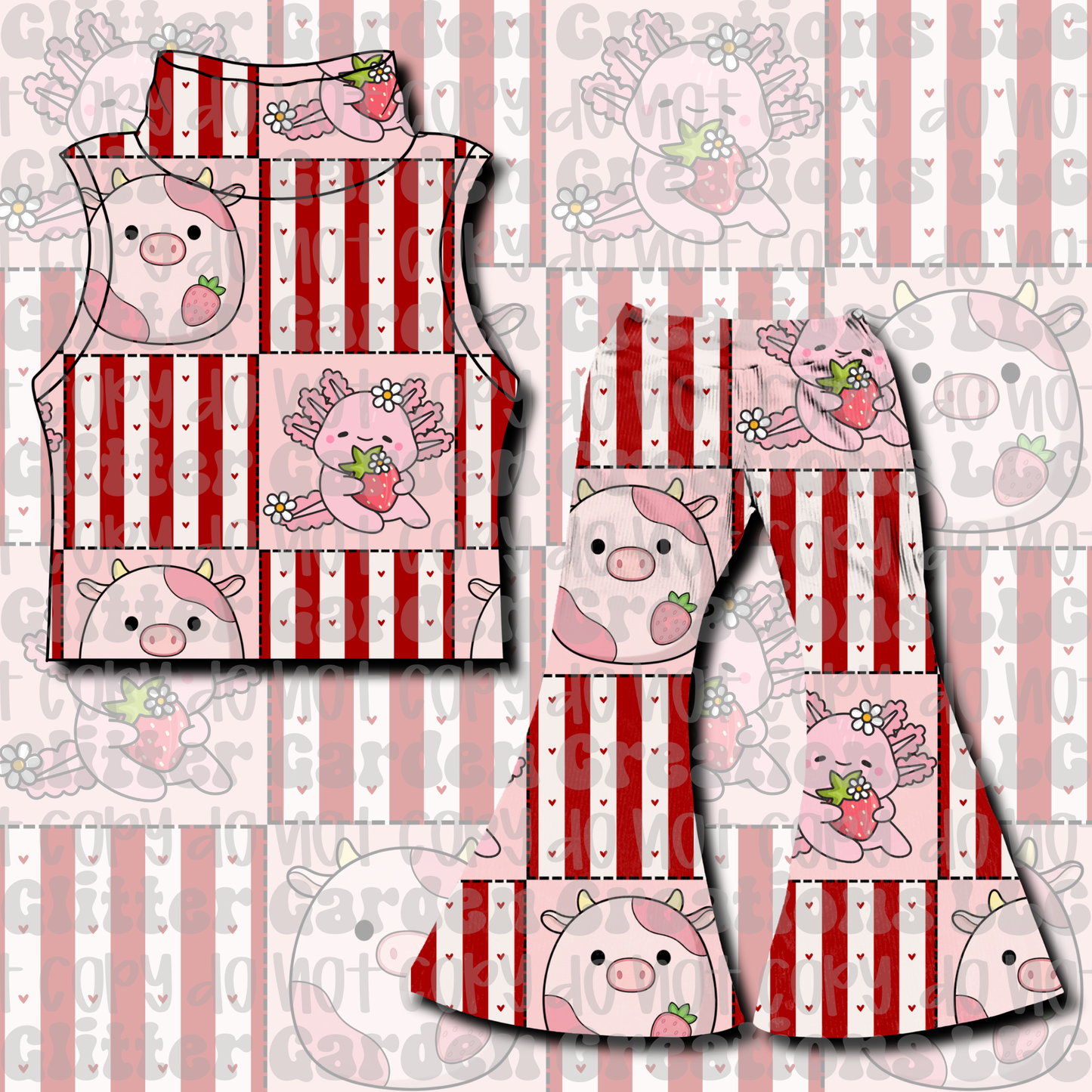 Strawberry Cow Axolotl Seamless Pattern