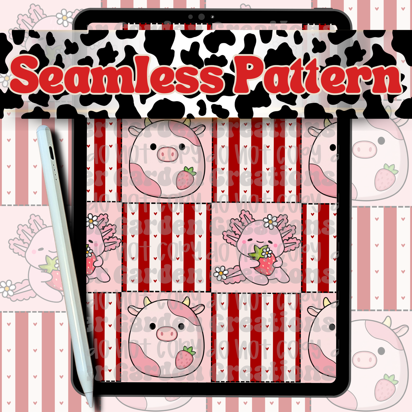 Strawberry Cow Axolotl Seamless Pattern
