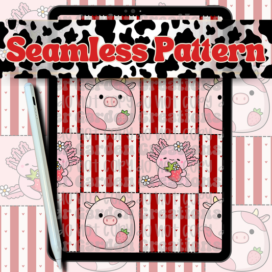 Strawberry Cow Axolotl Seamless Pattern
